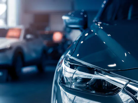 Selective focus grey car parked in luxury showroom. Car dealership office. New car parked in modern showroom. Car for sale and rent business concept. Automobile leasing and insurance background.